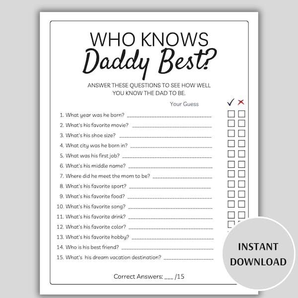 Who Knows Daddy Best Game, Printable Baby Shower Games, Dad Quiz, How Well Do You Know Daddy to Be, Daddy Trivia Game