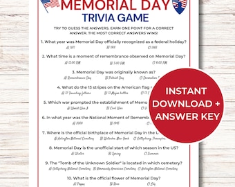 Memorial Day Trivia Game, afdrukbaar Memorial Day-spel voor kinderen en volwassenen, patriottische spellen