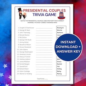 Presidential Couples Trivia Game, Printable Presidents Day Games, US ...