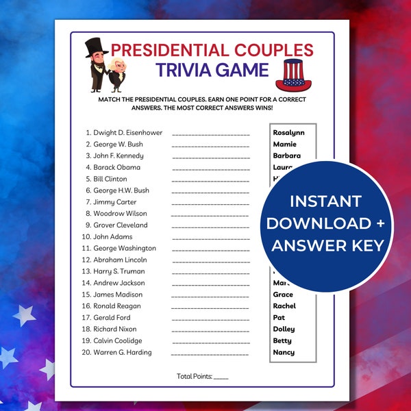 Presidential Couples Trivia Game, Printable Presidents Day Games, US Presidential Couples Questions and Answers