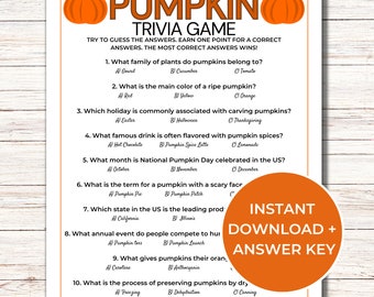 May include: A printable pumpkin trivia game with 10 questions. The questions are about pumpkins, the holiday of Halloween, and pumpkin-related foods and events. The game includes an answer key.