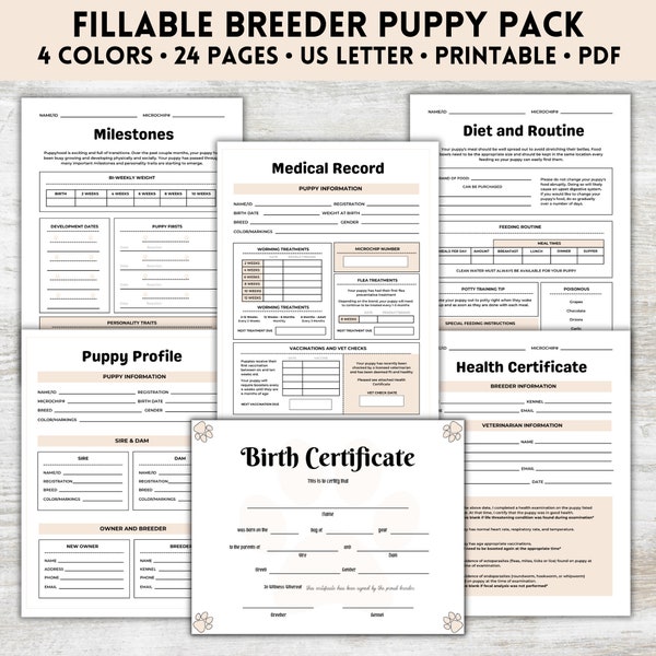 Breeder Puppy Pack Fillable, Dog Breeder Forms, Dog Breeder Records, Puppy Vaccination, Puppy Profile, Puppy Health Record, Editable PDF