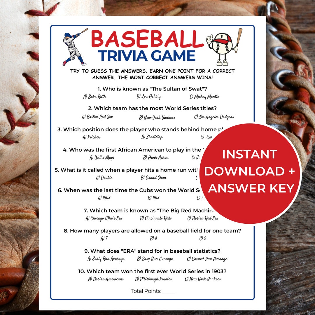 Baseball Trivia Game, Printable Baseball Team Party Games for Kids and