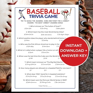 Baseball Trivia Game, Printable Baseball Team Party Games for Kids and Adults