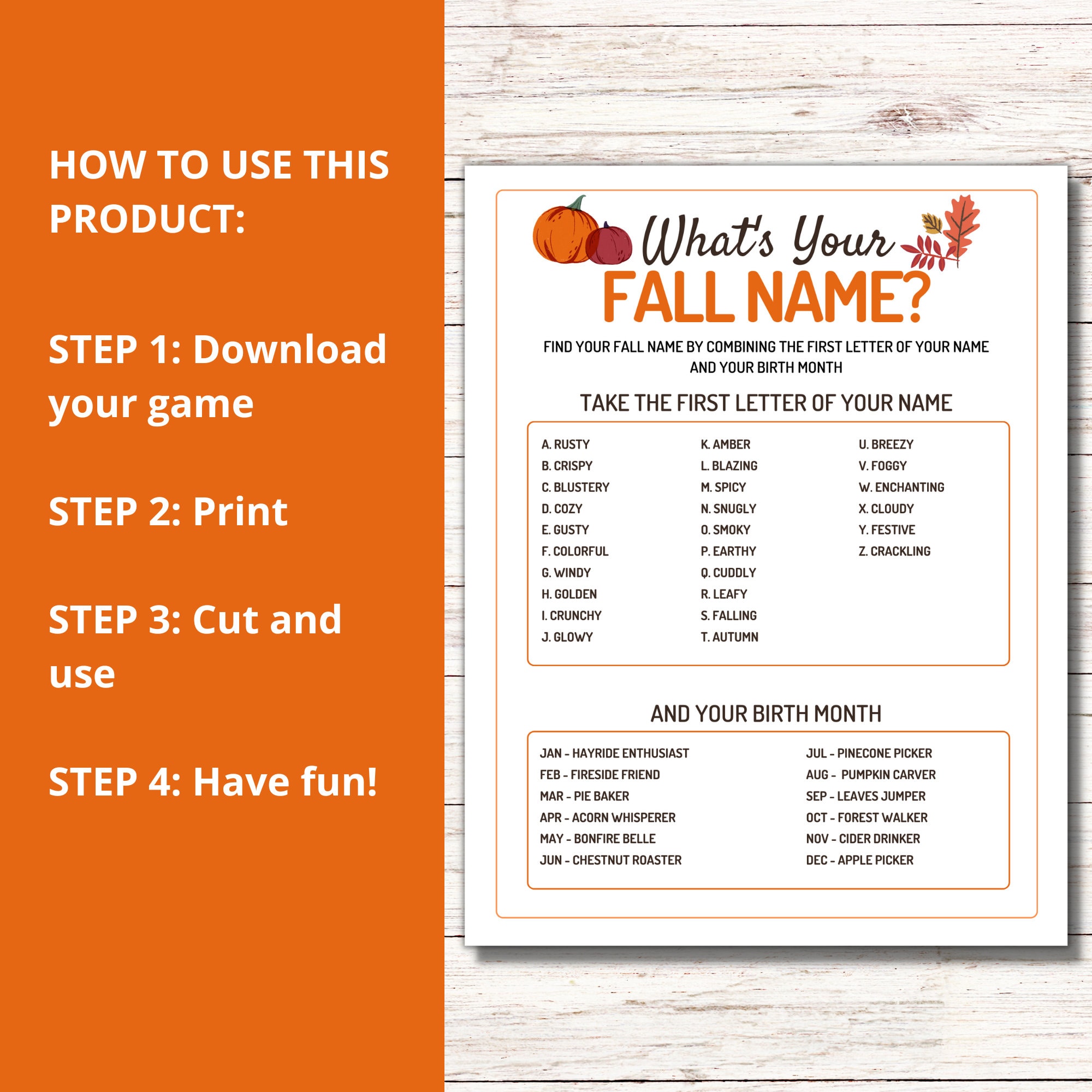 What's Your Fall Name Game, Printable Fall Party Games, Fall Name