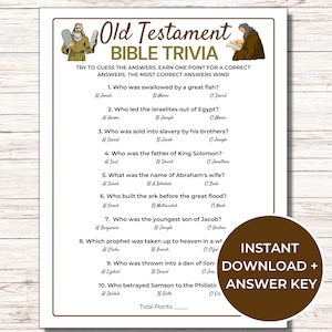 Gioco di curiosità sulla Bibbia dell'Antico Testamento, curiosità sulla Bibbia stampabile per bambini e adulti, curiosità sullo studio della Bibbia, divertente attività della scuola domenicale