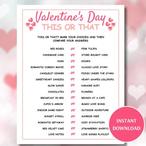 Would You Rather Valentine&#39;s Day Game, Printable Valentine This or That Game, Fun Vanlentine&#39;s Party Game