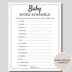 Gioco Baby Word Scramble, Puzzle stampabile di parole Baby, Gioco Neutral Baby Shower, Minimalist Baby Shower