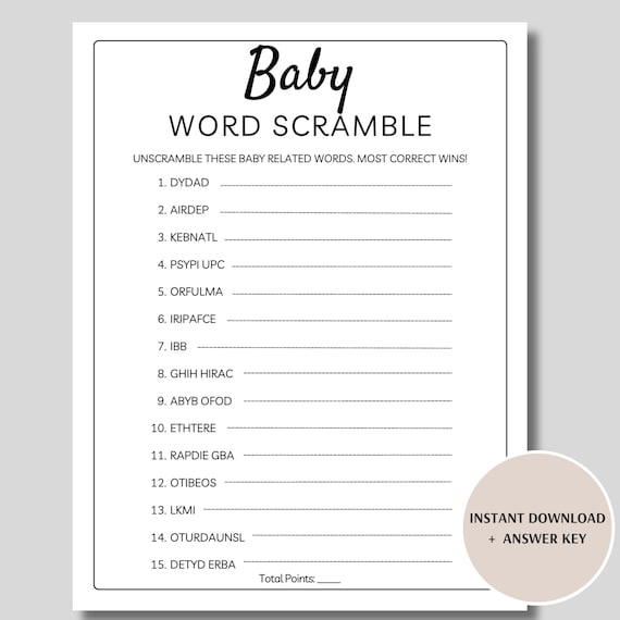 Baby Word Scramble Game, Printable Baby Word Puzzle, Neutral Baby Shower Game, Minimalist Baby Shower