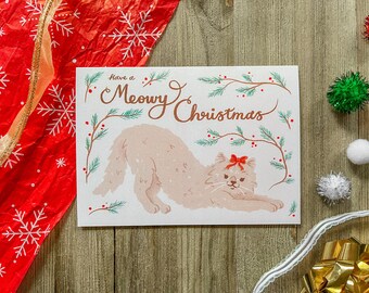 Persian Cat Meowy Christmas Card, Kitty with Holly Holiday Greeting Postcard