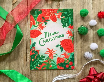 Poinsettia Coleus Monstera Merry Christmas Plant Christmas Card Greeting Postcard