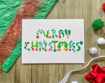 Houseplant Merry Christmas Card, Bamboo, Ivy, Palm Holiday Greeting Postcard