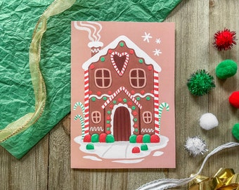 Gingerbread House Classic Christmas Card, Holiday Dessert Gumdrop Frosting Greeting Postcard