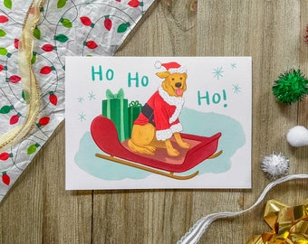 Golden Retriever Dog Sledding Christmas Card, Doggy in Snow Holiday Greeting Postcard