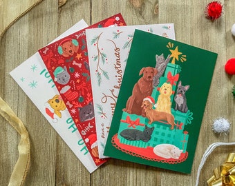 Dog & Cat Christmas Card Set | Holiday Pet Lover Greeting Cards