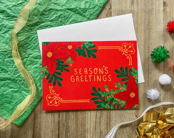 Classic Season Greeting's Christmas Card, Holiday Poinsettia Greeting Postcard