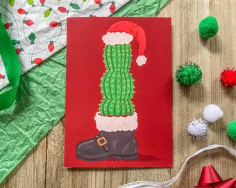 Cactus Santa Boot Christmas Card, Succulent Winter Holiday Greeting Postcard, Simple Nature Cards