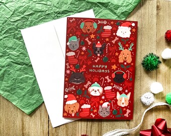 Pet Happy Holiday Christmas Card, Cute Animals in Hats Holiday Greeting Postcard