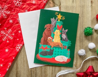 Pet Christmas Tree Card, Dog and Cat Holiday Greeting