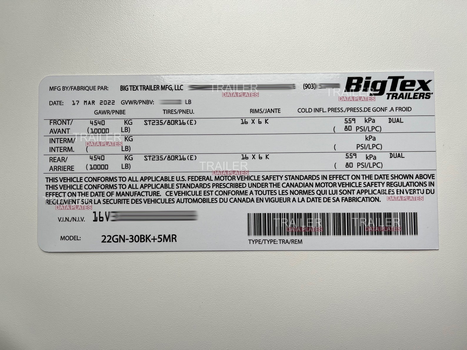 Custom Trailer Data Decal Sticker VIN ID Tag Derated Downrated Etsy