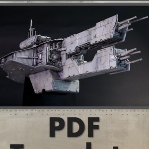 Op de afbeelding: Een gedetailleerde PDF-sjabloon voor een futuristisch ruimteschipmodel. De sjabloon toont een grijs en zilveren ruimteschip met meerdere kanonnen en een gedetailleerd interieur.