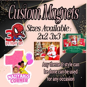 Może przedstawiać: Niestandardowe magnesy z różnymi wzorami, w tym Spider-Man i motyw świąteczny. Dostępne rozmiary to 2x2 i 3x3 cm. Magnesy można dostosować na każdą okazję.
