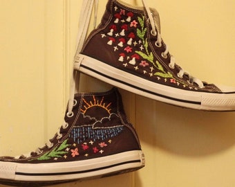 custom embroidered converse - nature cottagecore handmade spooky halloween skeleton alt -