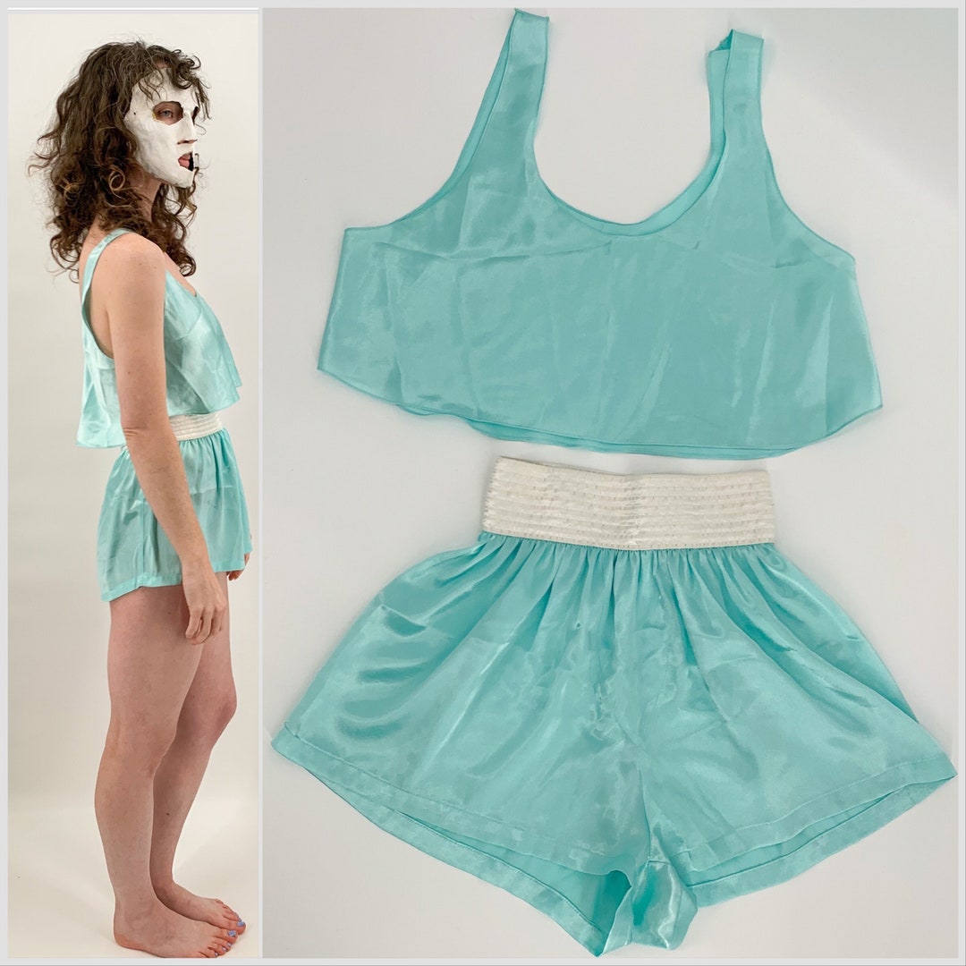 Vintage Two Piece Pajama Set Small Pastel Blue Teal and White - Etsy