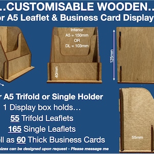 May include: Wooden display box for DL or A5 leaflets and business cards. The box is made of light-colored wood and has multiple compartments. It can hold up to 55 trifold leaflets, 165 single leaflets, or 60 thick business cards. Dimensions are provided in millimeters.