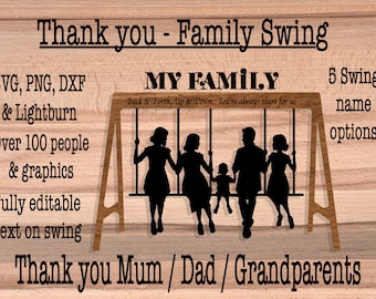 Meer dan 100 ontwerpen Family Swing Bedankt Sign Swing Moederdag/Vaderdag Lasergesneden. SVG, PNG, DXF, Lightburn 100+Grafische afbeeldingen zie foto's