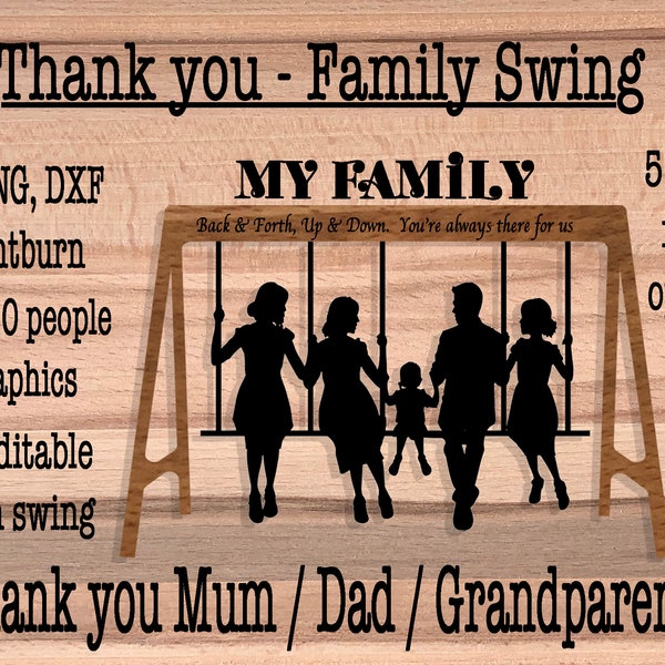 Over 100 Designs Family Swing Thank you Sign Swing Mother's/Father's Day Laser Cut.  SVG, PNG, DXF, Lightburn 100+Graphics provided see pics