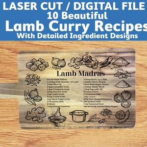 Könnte beinhalten: Holzschneidebrett mit Griff, graviert mit einem Lamm-Curry-Rezept. Der Text "LASER CUT / DIGITAL FILE" und "10 Beautiful Lamb Curry Recipes" steht oben. Das Brett enthält Zutatenillustrationen und ein detailliertes Rezept.