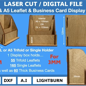 Soporte de exhibición para formatos A5 y DL, y soporte para folletos trípticos y tarjetas de visita. SVG - DXF - AI y Lightburn. 3 mm