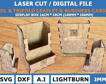 DL Display Stand and Trifold Leaflet & Business Card Display Holder and Stand 140mmx100mm.  svg - dxf - ai and Lightburn.  3mm