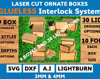 Système de boîte de verrouillage UNIQUE SANS COLLE. Boîte découpée au laser 9 variantes de boîte et 30 modèles de couvercle. svg, dxf, ai et Lightburn. 3 et 4 mm