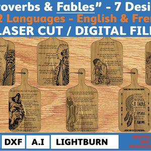 May include: Wooden cutting board designs with engraved proverbs and fables in English and French. The boards feature various illustrations, including Native American figures, wolves, and owls. The text "Proverbs & Fables" is at the top.