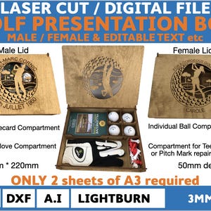 Könnte beinhalten: Lasergeschnittene Holz-Golf-Präsentationsbox mit einem Scorecard-Fach, einem Handschuhfach und einzelnen Ballfächern. Der Deckel hat ein Golf-Design mit editierbarem Text. Die Box misst 275 mm x 220 mm und benötigt zwei Blätter A3-Papier zum Zusammenbauen.