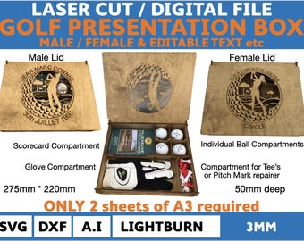 Golf Presentation Gift Box - Laser Cut - Male and female DIGITAL FILE Version (svg, dxf, jpeg, png, A.I & Lightburn)