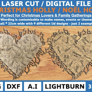 Peut inclure: Deux décorations de Noël en bois découpées au laser en forme de cœur. Chaque décoration est composée de pièces de puzzle avec différents mots sur le thème de Noël. Les décorations mesurent 26 cm de haut et 22 cm de large.