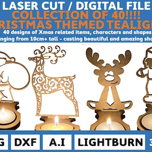クリスマス ティーライト ホルダー コレクション - デコレーション キャンドル ホルダー 40 個 - デジタル ファイル (svg、dxf、A.I、Lightburn)