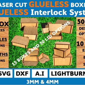 UNIQUE GLUELESS Interlocking Box system.  Laser Cut Box.  15 variations box and 50 lid designs svg box dxf box ai & Lightburn.  3 and 4mm