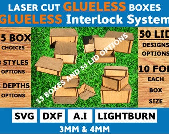 UNIQUE GLUELESS Interlocking Box system.  Laser Cut Box.  15 variations box and 50 lid designs svg box dxf box ai & Lightburn.  3 and 4mm