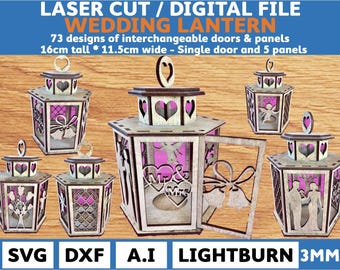 May include: Laser cut wedding lantern design file. The lantern is 16 cm tall and 11.5 cm wide. It has a single door and 5 panels. The design includes 73 interchangeable doors and panels. The file formats are SVG, DXF, AI, Lightburn, and 3MM.