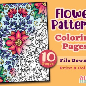 Puede incluir: Un libro para colorear imprimible con 10 páginas de intrincados patrones de flores. La portada muestra un diseño floral colorido con un fondo azul. El título "Flower Patterns Coloring Pages" se muestra en texto morado y rojo. El texto "File Download Print & Color" también está incluido.