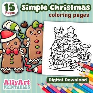 Op de afbeelding: Een digitale download van 15 eenvoudige kerstkleurplaten. De afbeelding toont een peperkoekman en -vrouw, en een kerstboom met katten. De tekst bevat "Eenvoudige kerstkleurplaten" en "Digitale download".