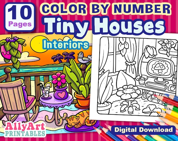 Color by Number Tiny Houses Interior Pages - Color By Number Rooms - Printable Coloring Pages - Relaxing Activities