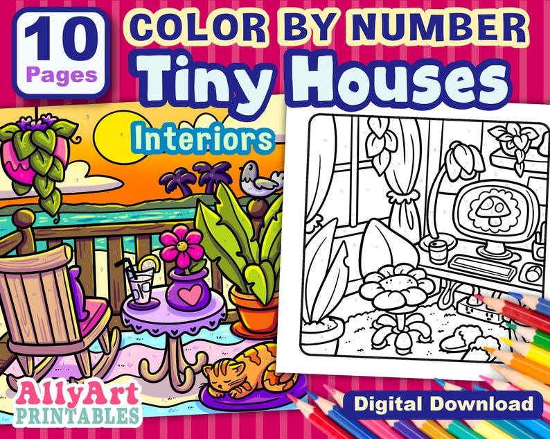 May include: A colorful digital download cover for a coloring book titled "Color by Number Tiny Houses Interiors" with 10 pages. The cover features a vibrant illustration of a balcony scene and a black and white interior coloring page. The words "Digital Download" are also visible.