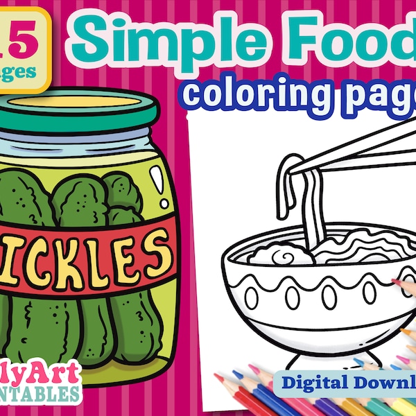 Easy Food Coloring Pages - Bold Line Coloring Pages - For Seniors and Kids to Color - Digital Download