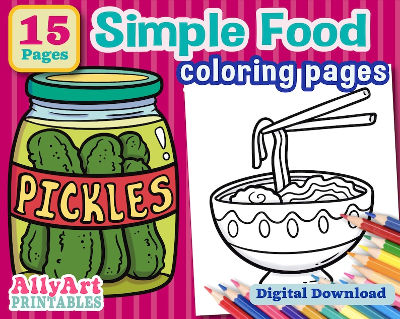 May include: A black and white coloring page of a bowl of noodles with chopsticks. The text "PICKLES" is on a jar of pickles.