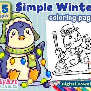 May include: A set of 15 printable colouring pages featuring simple winter scenes. The pages include a penguin wearing a scarf and holding Christmas lights, and a snowman holding a broom and a bird.